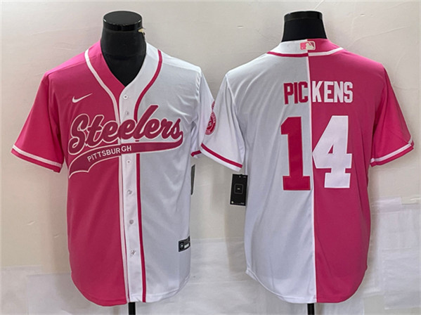 Men's Pittsburgh Steelers #14 George Pickens White Pink Split Cool Base Stitched Baseball Jersey - Click Image to Close